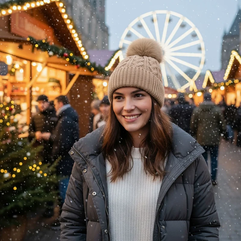 Strickmütze mit Bommel, weiches Mischgewebe, Einheitsgröße, Sandbeige