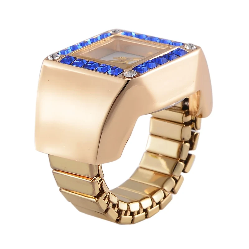 STRADA - Ringuhr mit blauem Kristall und Weißkristall, Japanischem Uhrwerk, 7.5 cm, Reiner Edelstahl, vergoldet