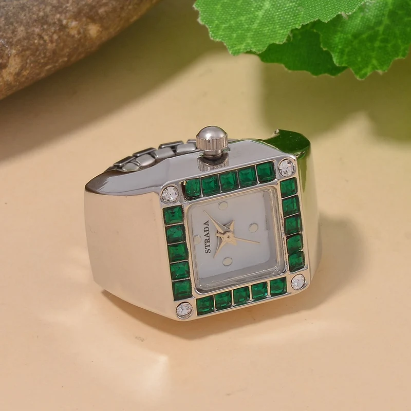 STRADA - Ringuhr mit blauem Kristall und Weißkristall, Japanischem Uhrwerk, 7.5 cm, Reiner Edelstahl, vergoldet