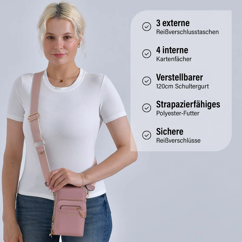 PASSAGE Crossbody-Handytasche mit Abnehmbarem Kartenhalter, 18x6.5x11cm, rosa