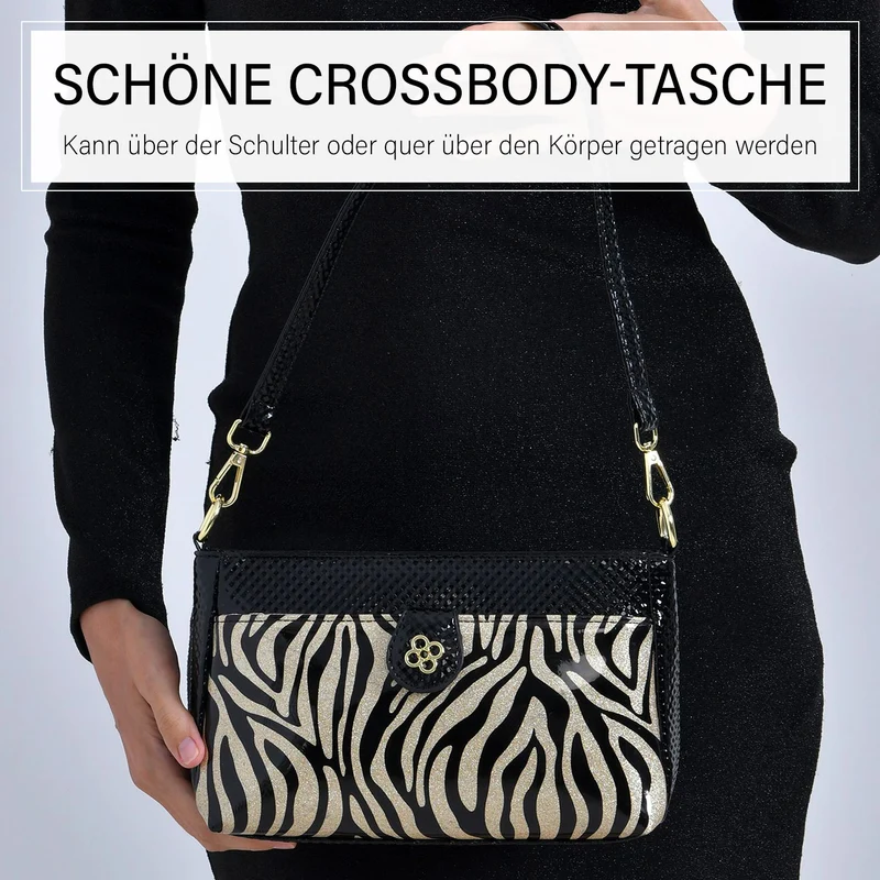 Stylische Sling-Umhängetasche mit klassischem schwarzem Zebramuster, vielseitigem Gurt und praktischen Fächern, 26x10x15 cm