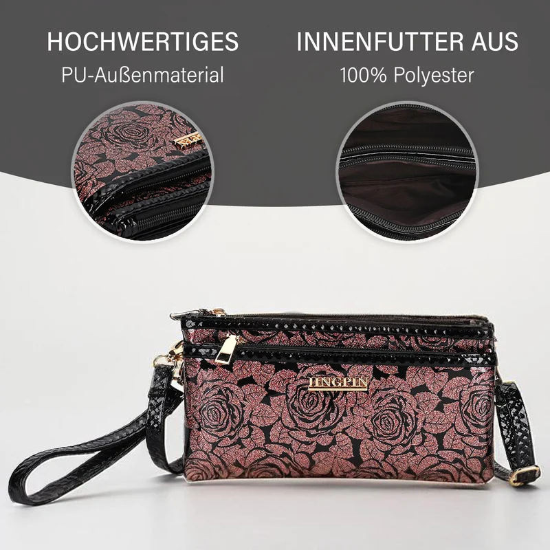 Sling Crossbody Bag, Stylische Silber-Umhängetasche, 3 Reißverschlussfächer, Vielseitiger 130 cm Gurt, PU-Außenseite, 100% Polyester-Futter, Kompakte Größe 22x12 cm, Silber