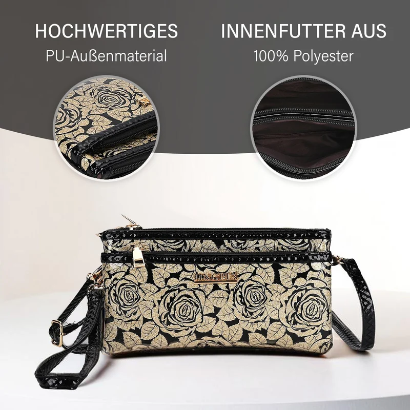Sling Crossbody Bag, Stylische Silber-Umhängetasche, 3 Reißverschlussfächer, Vielseitiger 130 cm Gurt, PU-Außenseite, 100% Polyester-Futter, Kompakte Größe 22x12 cm, Silber