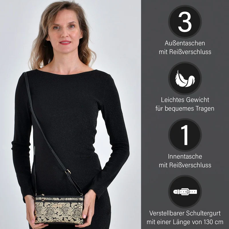 Sling Crossbody Bag, Stylische Silber-Umhängetasche, 3 Reißverschlussfächer, Vielseitiger 130 cm Gurt, PU-Außenseite, 100% Polyester-Futter, Kompakte Größe 22x12 cm, Silber
