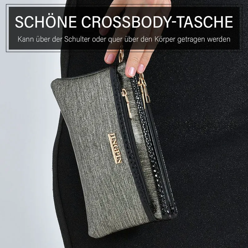 Sling Crossbody Bag, Stylische Silber-Umhängetasche, 3 Reißverschlussfächer, Vielseitiger 130 cm Gurt, PU-Außenseite, 100% Polyester-Futter, Kompakte Größe 22x12 cm, Silber