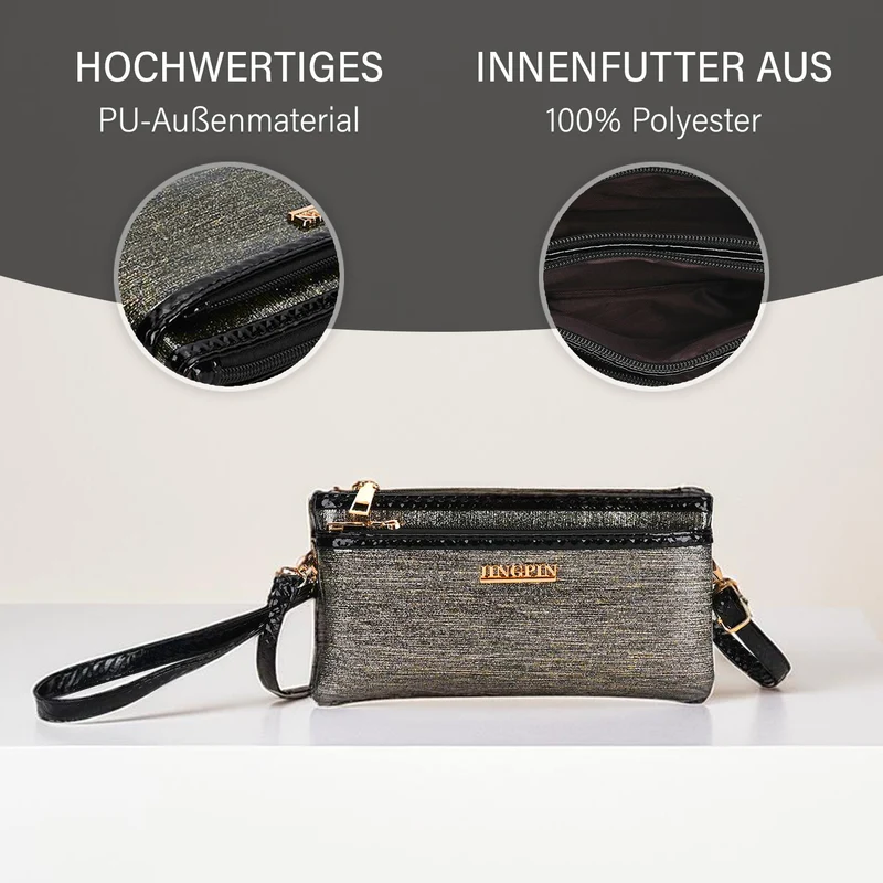 Sling Crossbody Bag, Stylische Silber-Umhängetasche, 3 Reißverschlussfächer, Vielseitiger 130 cm Gurt, PU-Außenseite, 100% Polyester-Futter, Kompakte Größe 22x12 cm, Silber