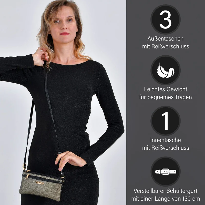 Sling Crossbody Bag, Stylische Silber-Umhängetasche, 3 Reißverschlussfächer, Vielseitiger 130 cm Gurt, PU-Außenseite, 100% Polyester-Futter, Kompakte Größe 22x12 cm, Silber
