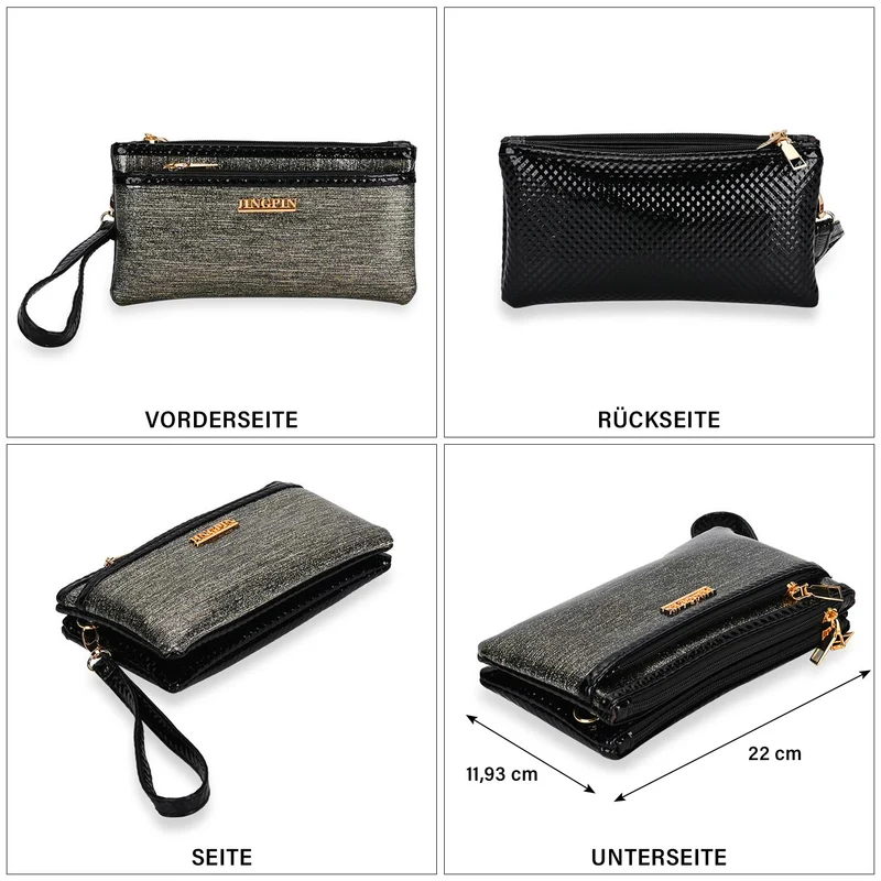Sling Crossbody Bag, Stylische Silber-Umhängetasche, 3 Reißverschlussfächer, Vielseitiger 130 cm Gurt, PU-Außenseite, 100% Polyester-Futter, Kompakte Größe 22x12 cm, Silber