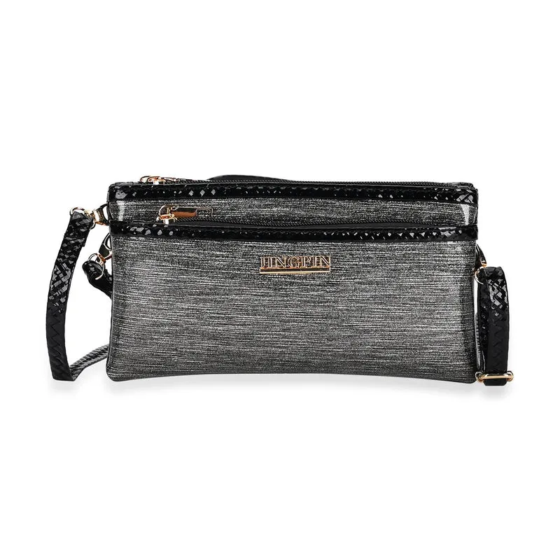 Sling Crossbody Bag, Stylische Silber-Umhängetasche, 3 Reißverschlussfächer, Vielseitiger 130 cm Gurt, PU-Außenseite, 100% Polyester-Futter, Kompakte Größe 22x12 cm, Silber