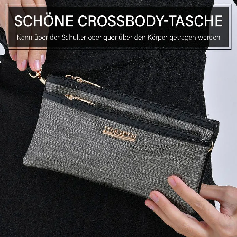 Sling Crossbody Bag, Stylische Silber-Umhängetasche, 3 Reißverschlussfächer, Vielseitiger 130 cm Gurt, PU-Außenseite, 100% Polyester-Futter, Kompakte Größe 22x12 cm, Silber