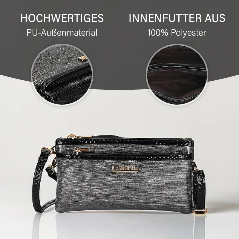 Sling Crossbody Bag, Stylische Silber-Umhängetasche, 3 Reißverschlussfächer, Vielseitiger 130 cm Gurt, PU-Außenseite, 100% Polyester-Futter, Kompakte Größe 22x12 cm, Silber