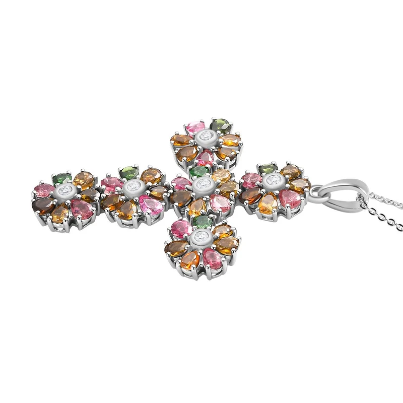 Natürlicher, mehrfarbiger-Turmalin, weißer Zirkon Anhänger mit Kette, 925 Silber platiniert ca. 6.26 ct