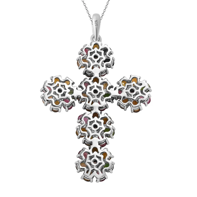 Natürlicher, mehrfarbiger-Turmalin, weißer Zirkon Anhänger mit Kette, 925 Silber platiniert ca. 6.26 ct