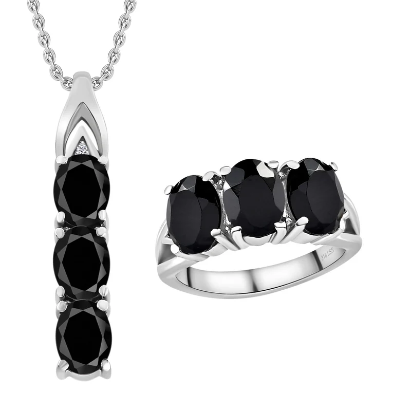 2er Set - Schwarzer Spinell Anhänger mit Kette und Ring, Edelstahl (Größe 20.00) ca. 10.12 ct