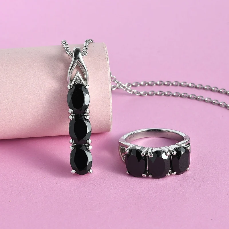 2er Set - Schwarzer Spinell Anhänger mit Kette und Ring, Edelstahl (Größe 20.00) ca. 10.12 ct