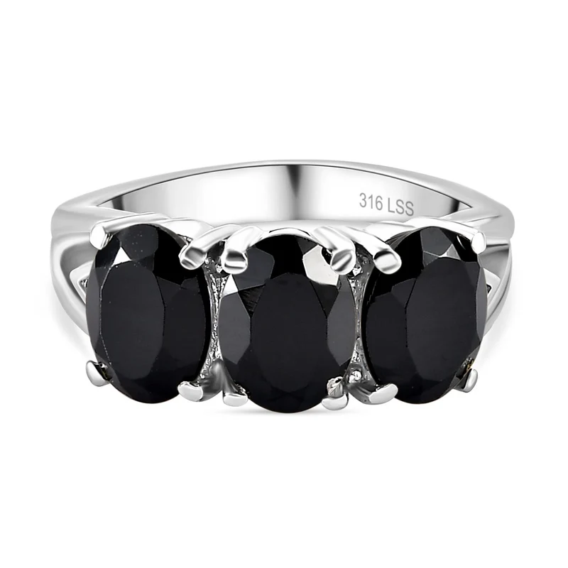2er Set - Schwarzer Spinell Anhänger mit Kette und Ring, Edelstahl (Größe 20.00) ca. 10.12 ct