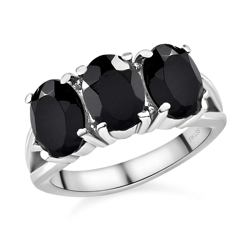2er Set - Schwarzer Spinell Anhänger mit Kette und Ring, Edelstahl (Größe 20.00) ca. 10.12 ct