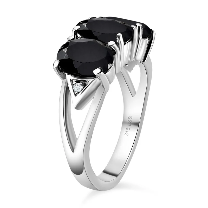 2er Set - Schwarzer Spinell Anhänger mit Kette und Ring, Edelstahl (Größe 20.00) ca. 10.12 ct