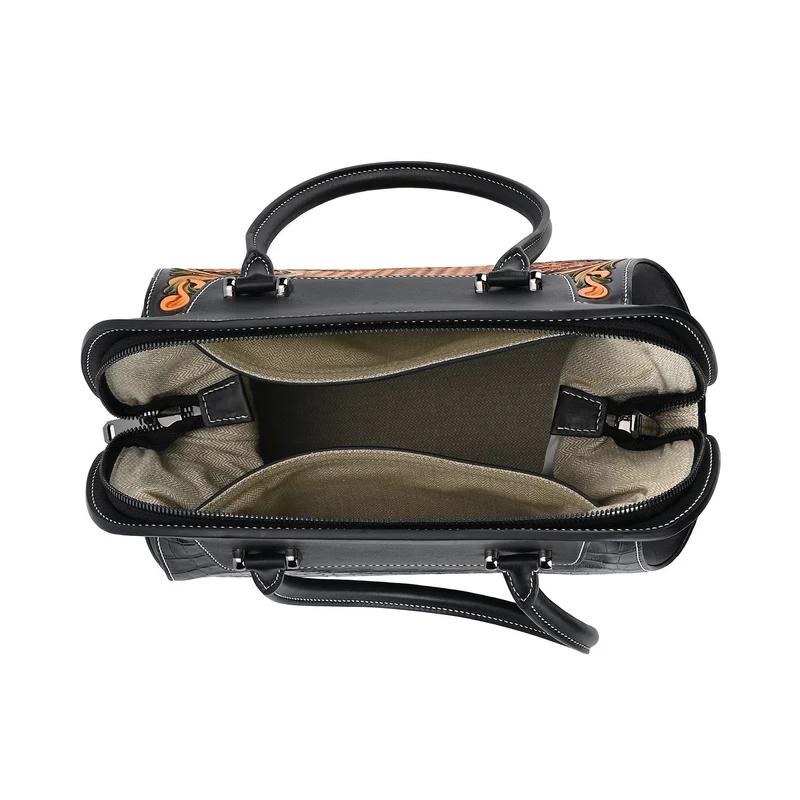 Grand Pelle Elite Kollektion- Handgravierte Westernstil Premium-Lederhandtasche im Handgepäckstil mit floralem Kunstwerk, Größe 28 x 25 x 15 cm, schwarz