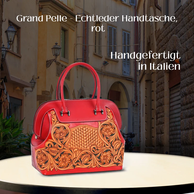 Grand Pelle Elite Kollektion- Handgravierte Westernstil Premium-Lederhandtasche im Handgepäckstil mit floralem Kunstwerk, Größe 28 x 25 x 15 cm, schwarz