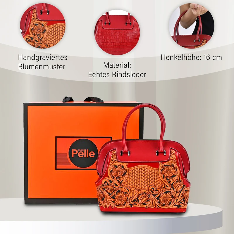 Grand Pelle Elite Kollektion- Handgravierte Westernstil Premium-Lederhandtasche im Handgepäckstil mit floralem Kunstwerk, Größe 28 x 25 x 15 cm, schwarz