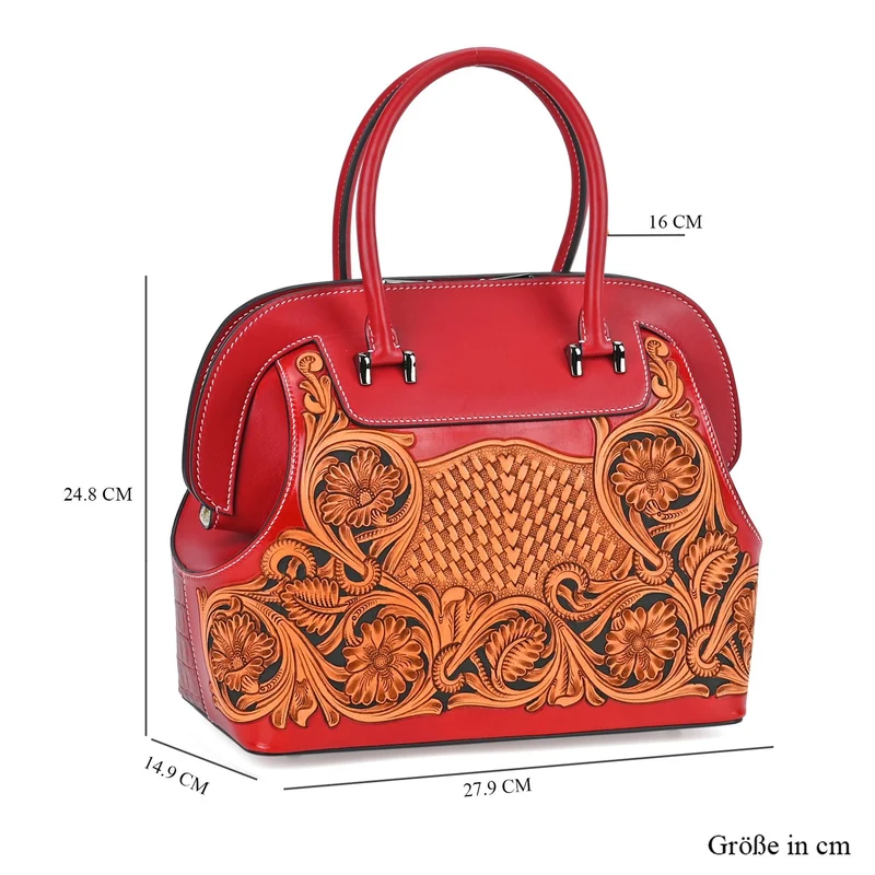 Grand Pelle Elite Kollektion- Handgravierte Westernstil Premium-Lederhandtasche im Handgepäckstil mit floralem Kunstwerk, Größe 28 x 25 x 15 cm, schwarz