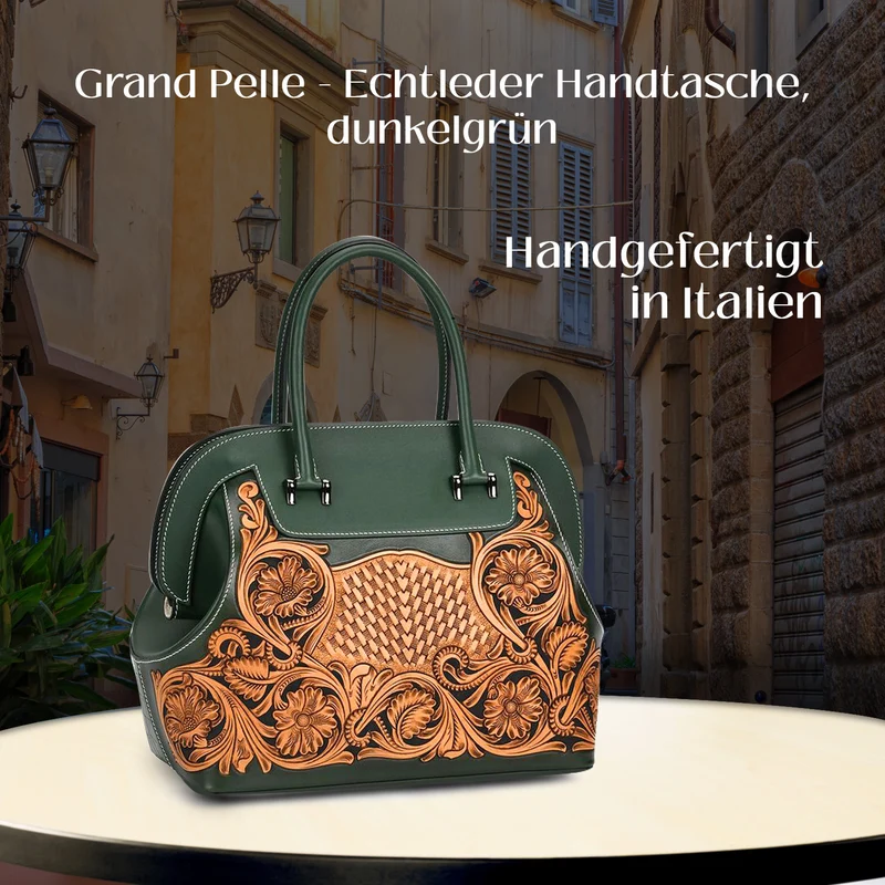 Grand Pelle Elite Kollektion- Handgravierte Westernstil Premium-Lederhandtasche im Handgepäckstil mit floralem Kunstwerk, Größe 28 x 25 x 15 cm, schwarz
