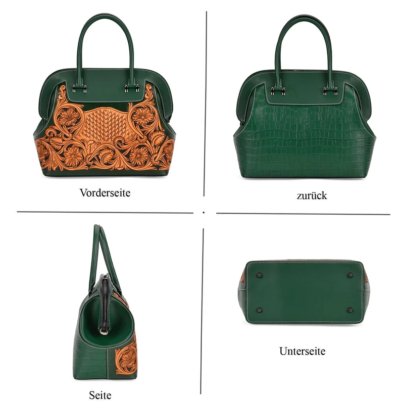 Grand Pelle Elite Kollektion- Handgravierte Westernstil Premium-Lederhandtasche im Handgepäckstil mit floralem Kunstwerk, Größe 28 x 25 x 15 cm, schwarz