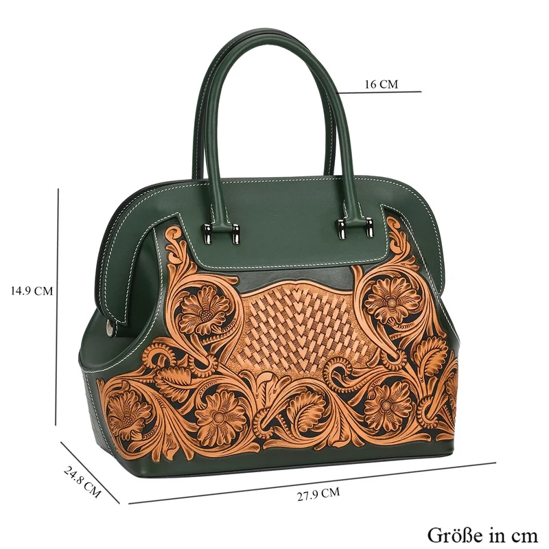 Grand Pelle Elite Kollektion- Handgravierte Westernstil Premium-Lederhandtasche im Handgepäckstil mit floralem Kunstwerk, Größe 28 x 25 x 15 cm, schwarz