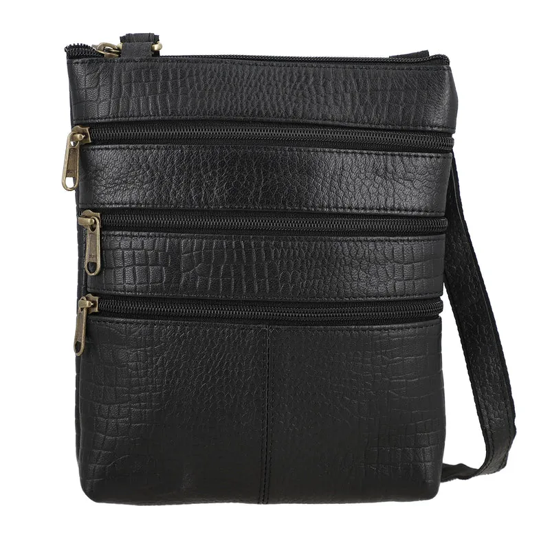 CLOSE OUT - Echtleder Crossbody Tasche mit Kroko Prägung, Multi-Fächer, 20 x 24 cm, Cognac