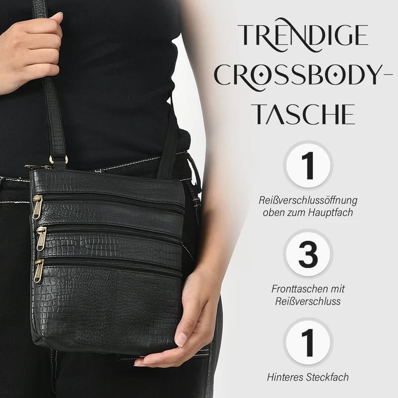 CLOSE OUT - Echtleder Crossbody Tasche mit Kroko Prägung, Multi-Fächer, 20 x 24 cm, Cognac