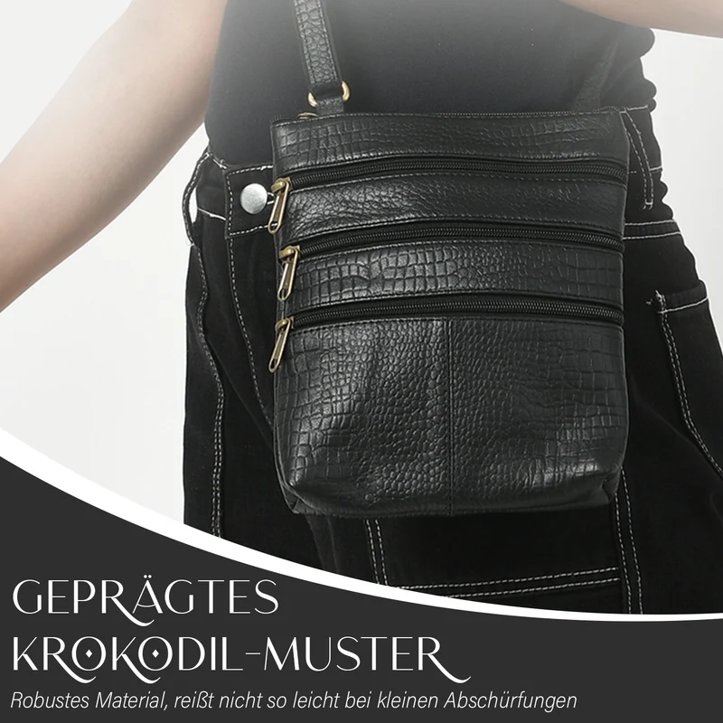 CLOSE OUT - Echtleder Crossbody Tasche mit Kroko Prägung, Multi-Fächer, 20 x 24 cm, Cognac