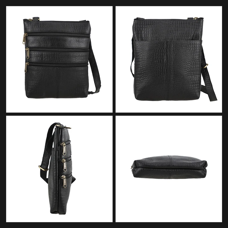 CLOSE OUT - Echtleder Crossbody Tasche mit Kroko Prägung, Multi-Fächer, 20 x 24 cm, Cognac