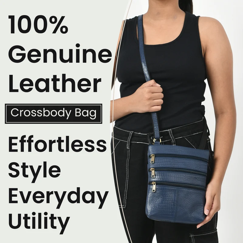 CLOSE OUT - Echtleder Crossbody Tasche mit Kroko Prägung, Multi-Fächer, 20 x 24 cm, Cognac