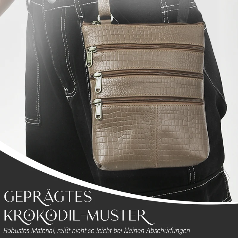 CLOSE OUT - Echtleder Crossbody Tasche mit Kroko Prägung, Multi-Fächer, 20 x 24 cm, Cognac