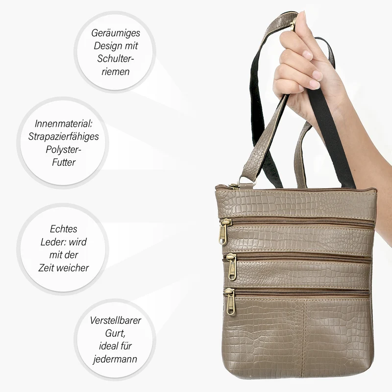 CLOSE OUT - Echtleder Crossbody Tasche mit Kroko Prägung, Multi-Fächer, 20 x 24 cm, Cognac