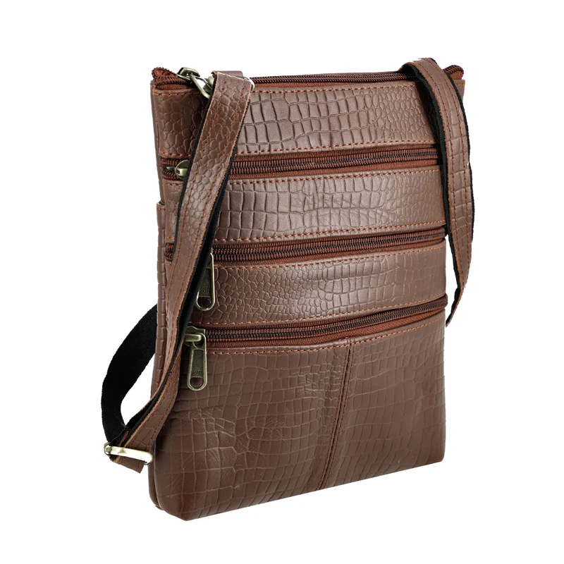 CLOSE OUT - Echtleder Crossbody Tasche mit Kroko Prägung, Multi-Fächer, 20 x 24 cm, Cognac