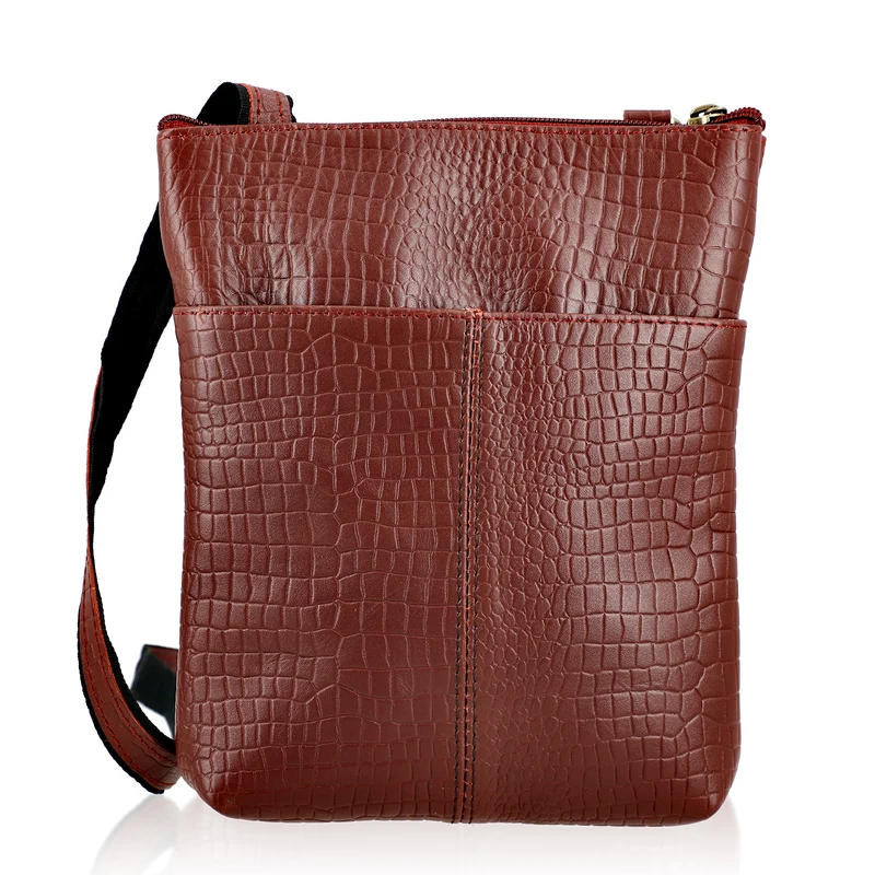 CLOSE OUT - Echtleder Crossbody Tasche mit Kroko Prägung, Multi-Fächer, 20 x 24 cm, Cognac