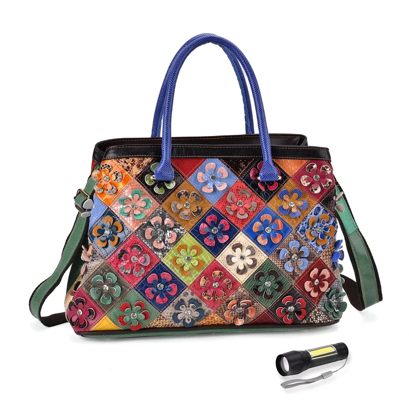 Chaos by Elsie, Crossbody-Tasche aus echtem Leder, Multicolor mit gewebtem Muster, RFID-Schutz und Mini-Taschenlampe, ca. 37 x 14,5 x 25 cm