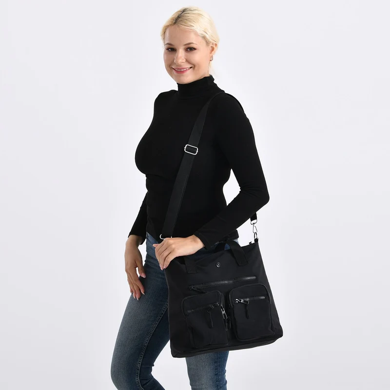 Crossbody-Schultertasche mit Mehrfachfächern, 31x30x14 cm, Schwarz