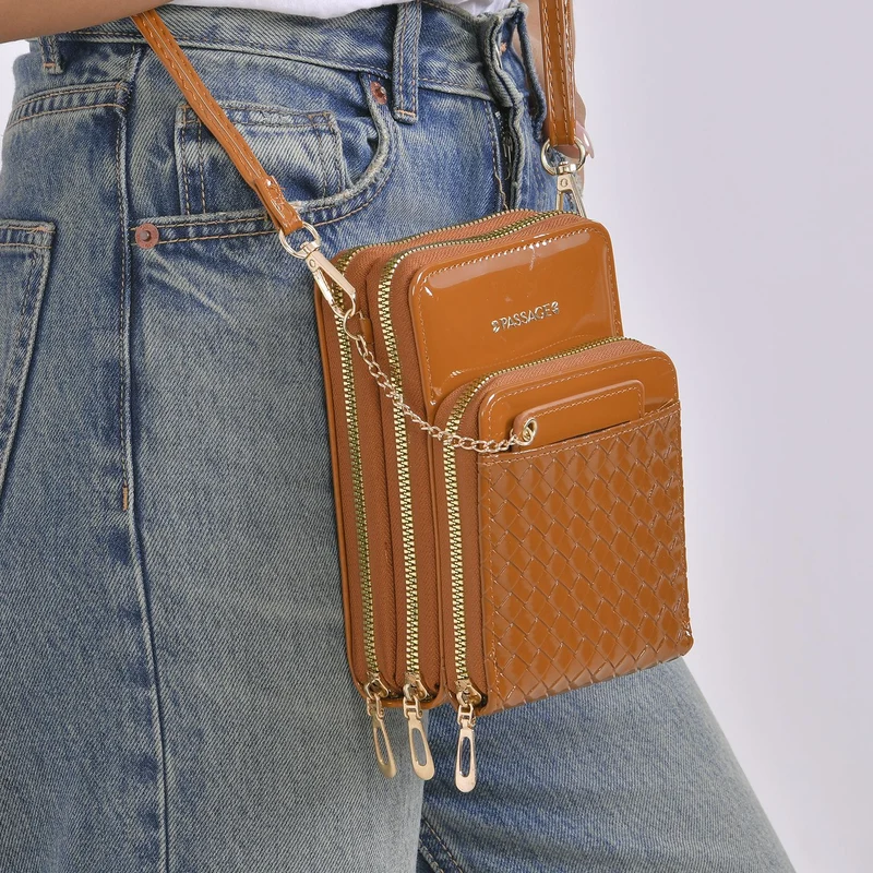 PASSAGE geprägte Kunstleder-Umhängetasche mit RFID-Schutz und langer Trageriemen, 13x7.5x19 cm, Orange