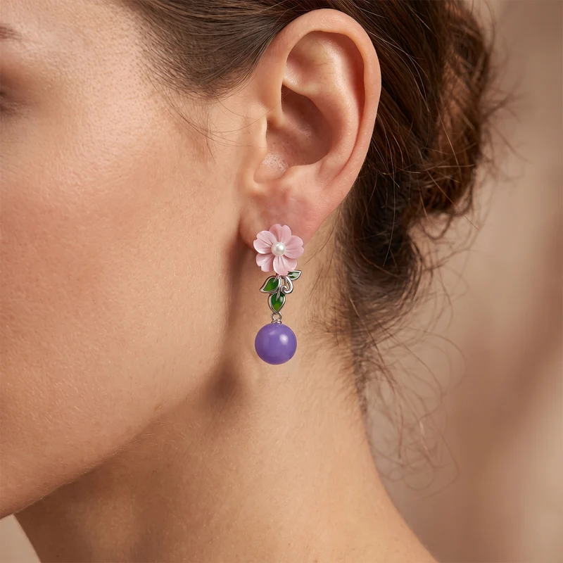 JARDIN KOLLEKTION D'Joy gefärbte lila Jade, weiße Süßwasser Perle (3-4mm) und rosa Perlmutt Ohrringe, 925 Silber rhodiniert