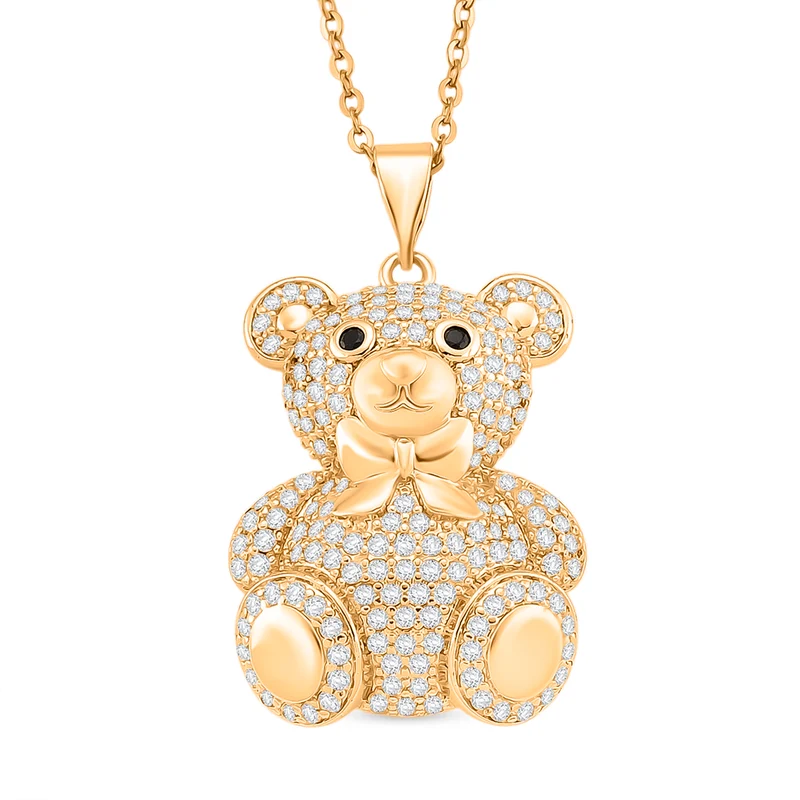 Weißer und schwarzer Zirkonia Teddybär Anhänger mit 50cm Kette, Messing vergoldet