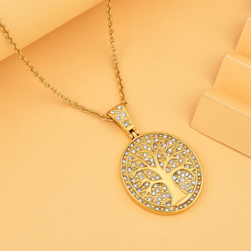 Lebensbaum-Anhänger weißer Kristall mit Kette, goldfarben