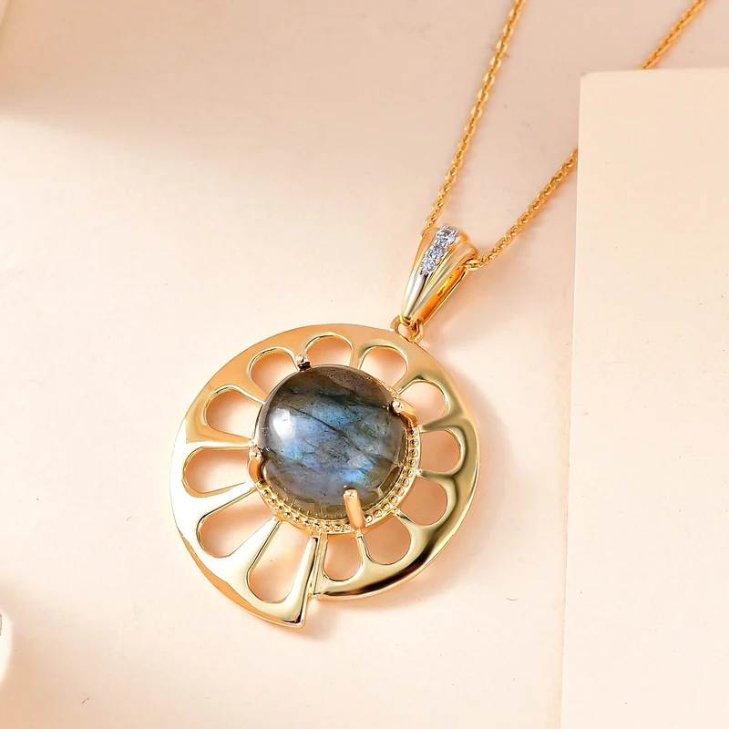GP Bella Italia Kollektion - Labradorit, Kanchanaburi Blauer Saphir Anhänger mit Kette, 925 Silber Gelbgold Vermeil ca. 5.59 ct