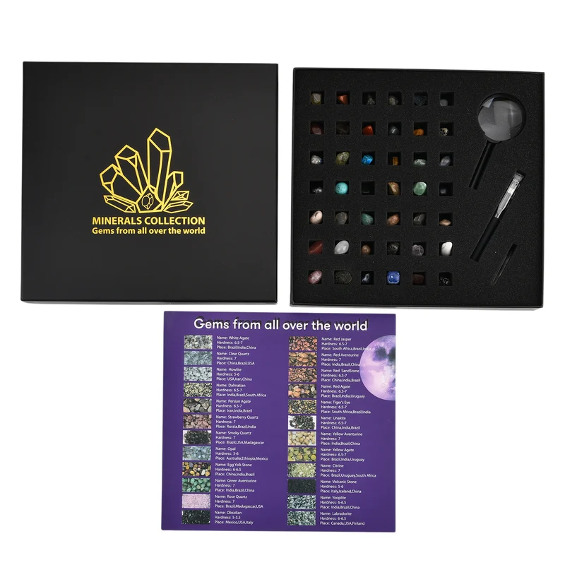 Minerals Collection 45pcs 1pcs Clear Quartz, size about 2-3cm 42pcs different stones, size about 1cm 1pc Black pen(10.5cm L,4.13inch L) 1pc 5X Magnifying glass(10.5x5cm,4.13x1.96inch) 1pc Instruction manual in English version Box size: about 26.5*25.5*3