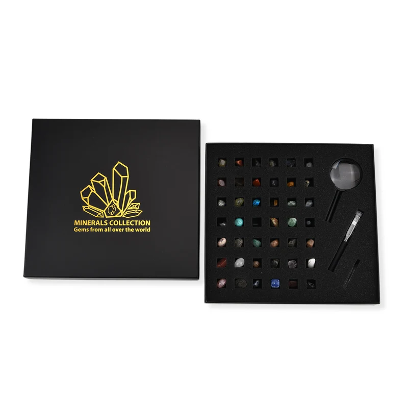 Minerals Collection 45pcs 1pcs Clear Quartz, size about 2-3cm 42pcs different stones, size about 1cm 1pc Black pen(10.5cm L,4.13inch L) 1pc 5X Magnifying glass(10.5x5cm,4.13x1.96inch) 1pc Instruction manual in English version Box size: about 26.5*25.5*3