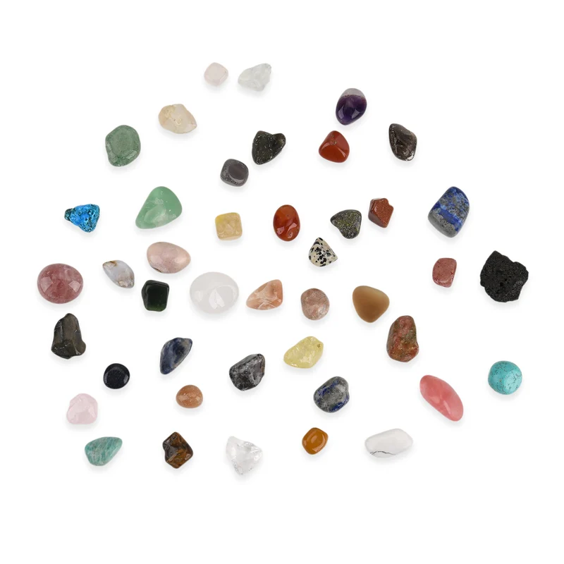 Minerals Collection 45pcs 1pcs Clear Quartz, size about 2-3cm 42pcs different stones, size about 1cm 1pc Black pen(10.5cm L,4.13inch L) 1pc 5X Magnifying glass(10.5x5cm,4.13x1.96inch) 1pc Instruction manual in English version Box size: about 26.5*25.5*3