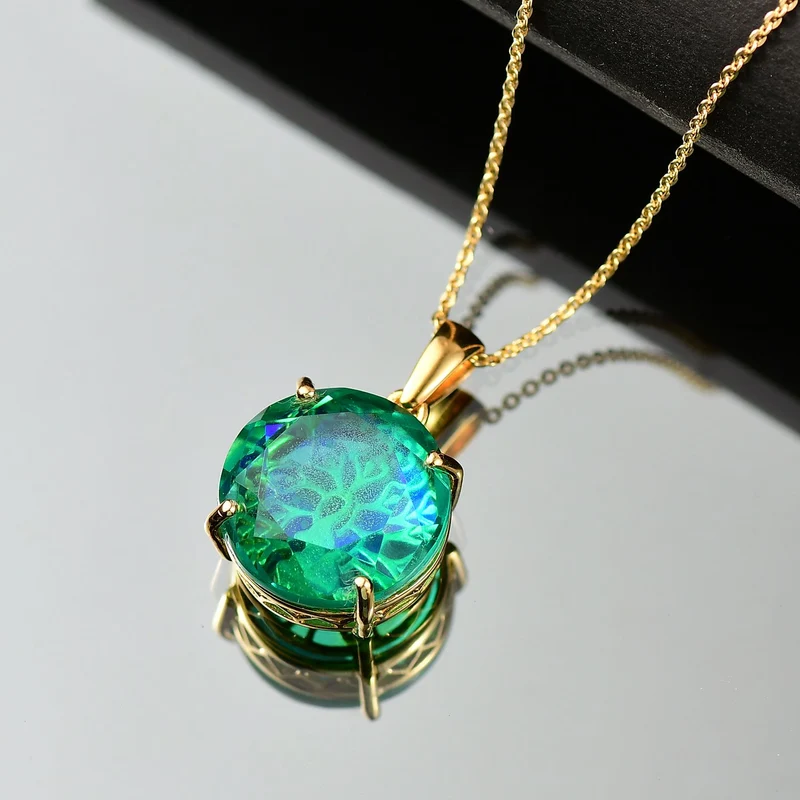 D joy Pfau Quarz Triplette Anhänger mit Kette, 925 Silber 750 Gelbgold Vermeil ca. 11.34 ct