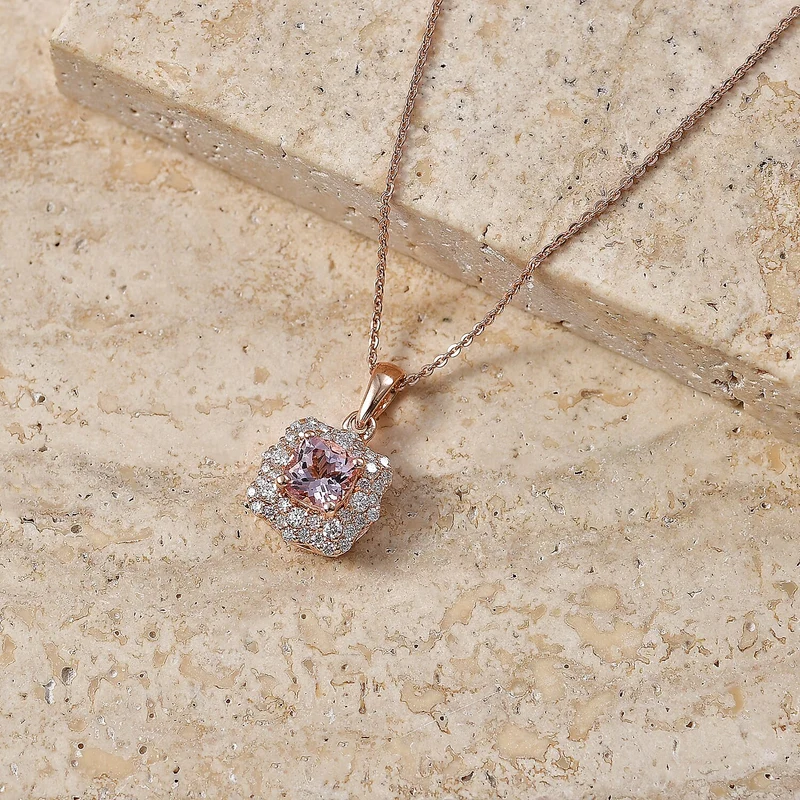 D'Joy AA Rosa Morganit, Moissanit AGI zertifiziert Schmuckset (10-15 Werktage Lieferzeit) ca. 45 cm 925 Silber 750 Roségold vermeil ca. 1,32 ct.